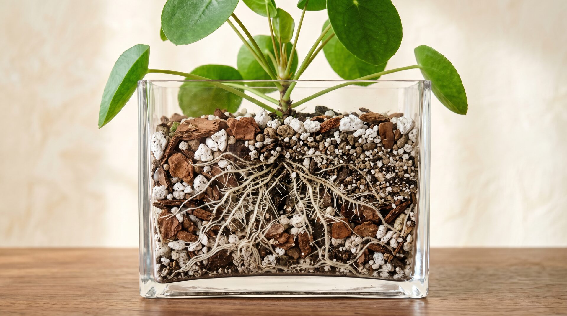 Root system in clear glass with substrate cross-section