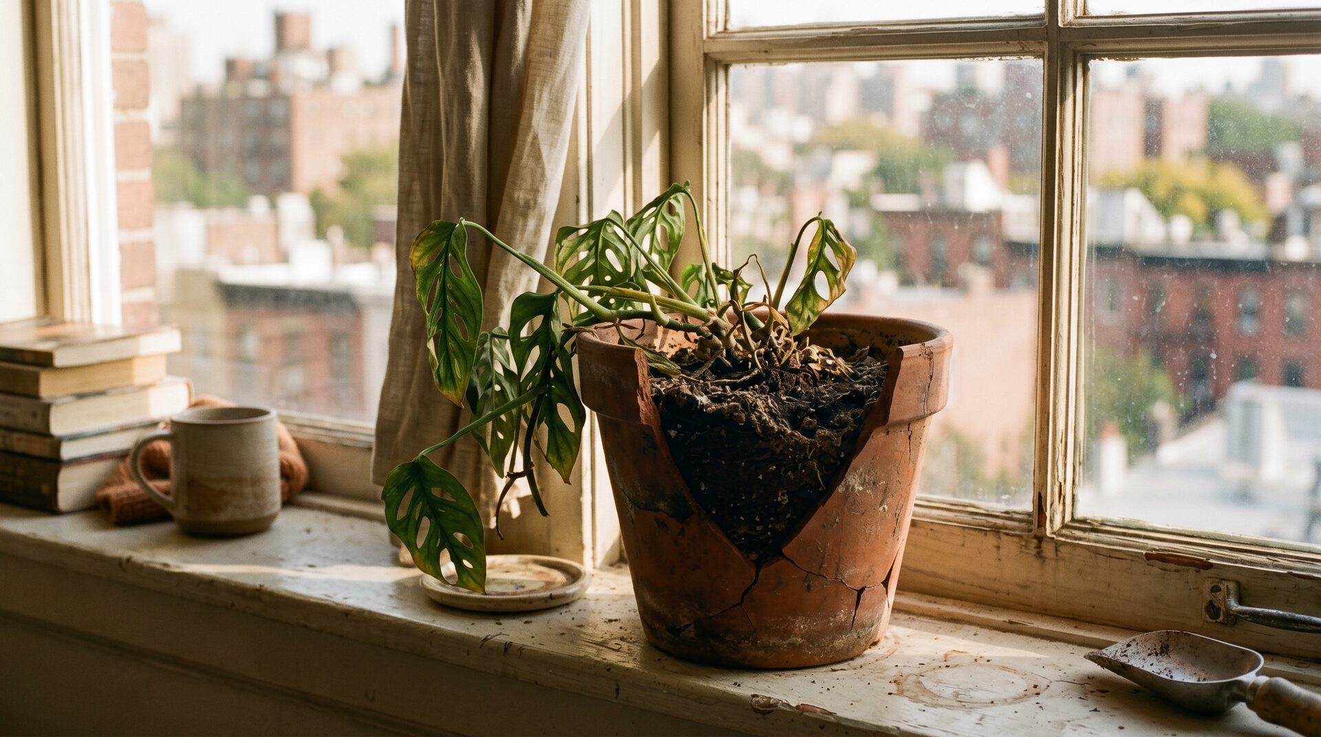 Cracked terracotta pot with wilting plant on windowsill
