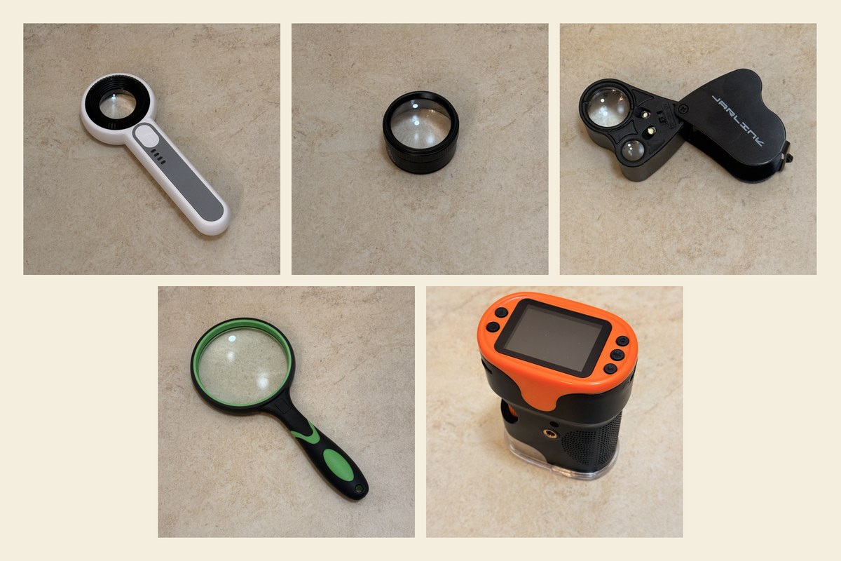 Five hand lenses arranged in two rows on a cream limestone counter. Top row: the three recommended units (60X UV+LED, Rongon 30X, JARLINK 30X/60X). Bottom row: the two not recommended (10X shatterproof, 1000X digital microscope).