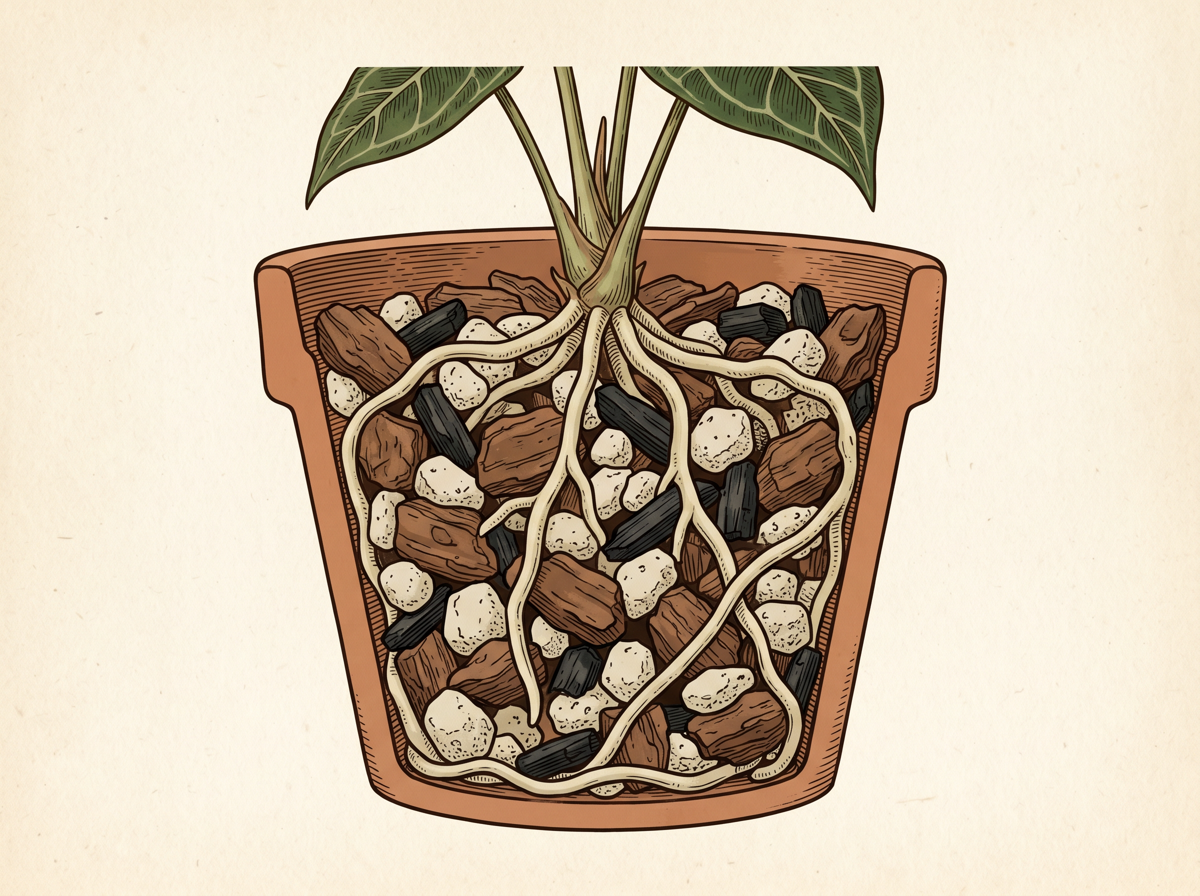 Cutaway illustration of a terracotta pot holding Anthurium clarinervium in a coarse mix of bark, pumice, and charcoal, its pale roots gripping the chunks with air gaps between particles