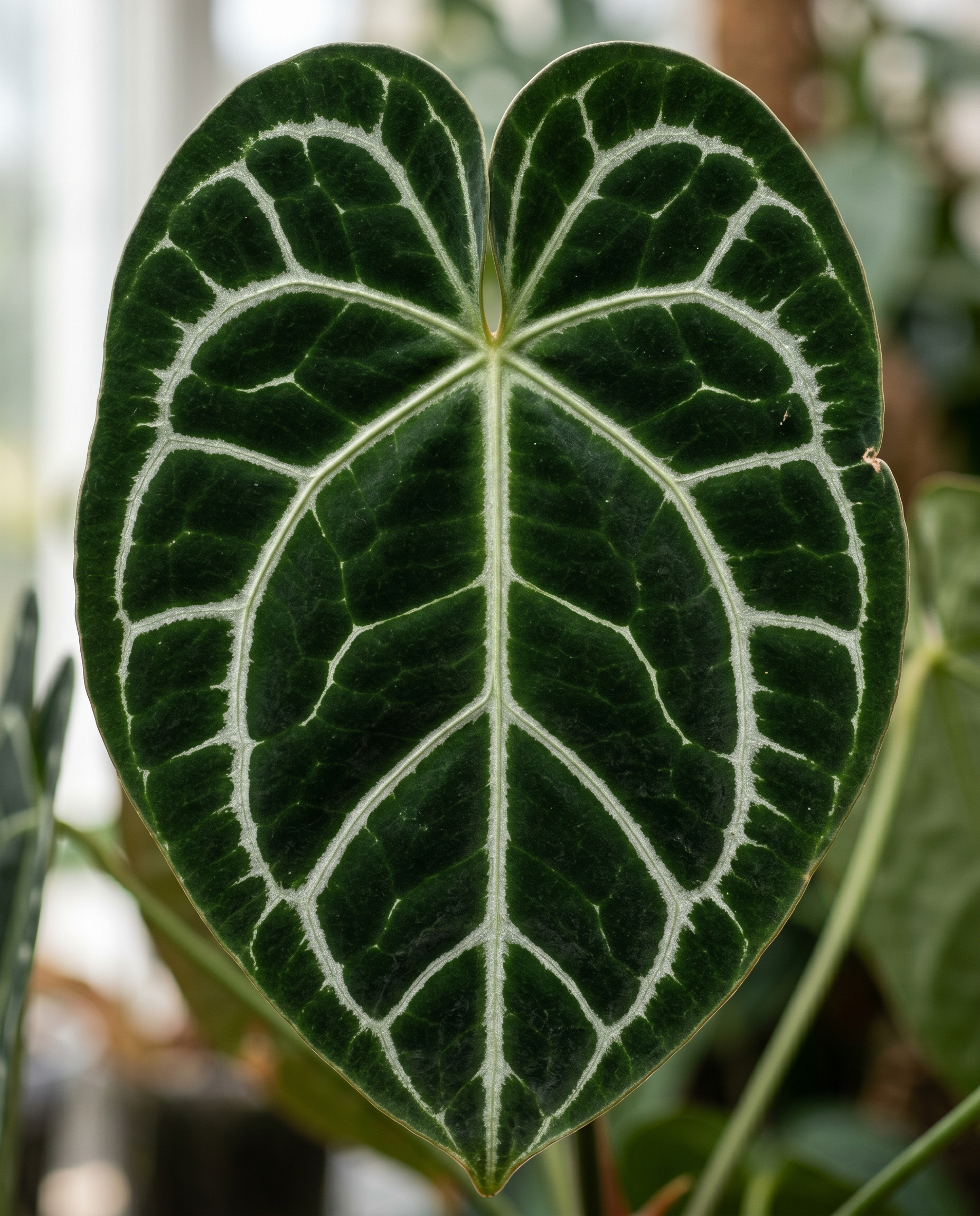 Macro photograph of a heart-shaped deep green velvet Anthurium clarinervium leaf with bold silver-white veins forming a reticulate network across the surface