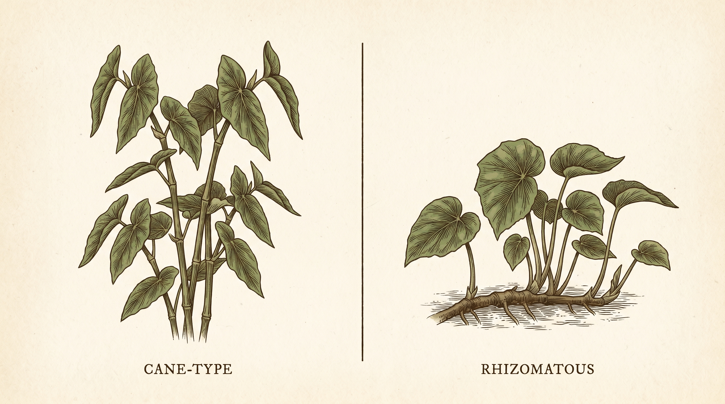 Comparison illustration of a cane-type begonia growing upright on jointed bamboo-like stems beside a rhizomatous begonia growing low from a thick creeping horizontal rhizome