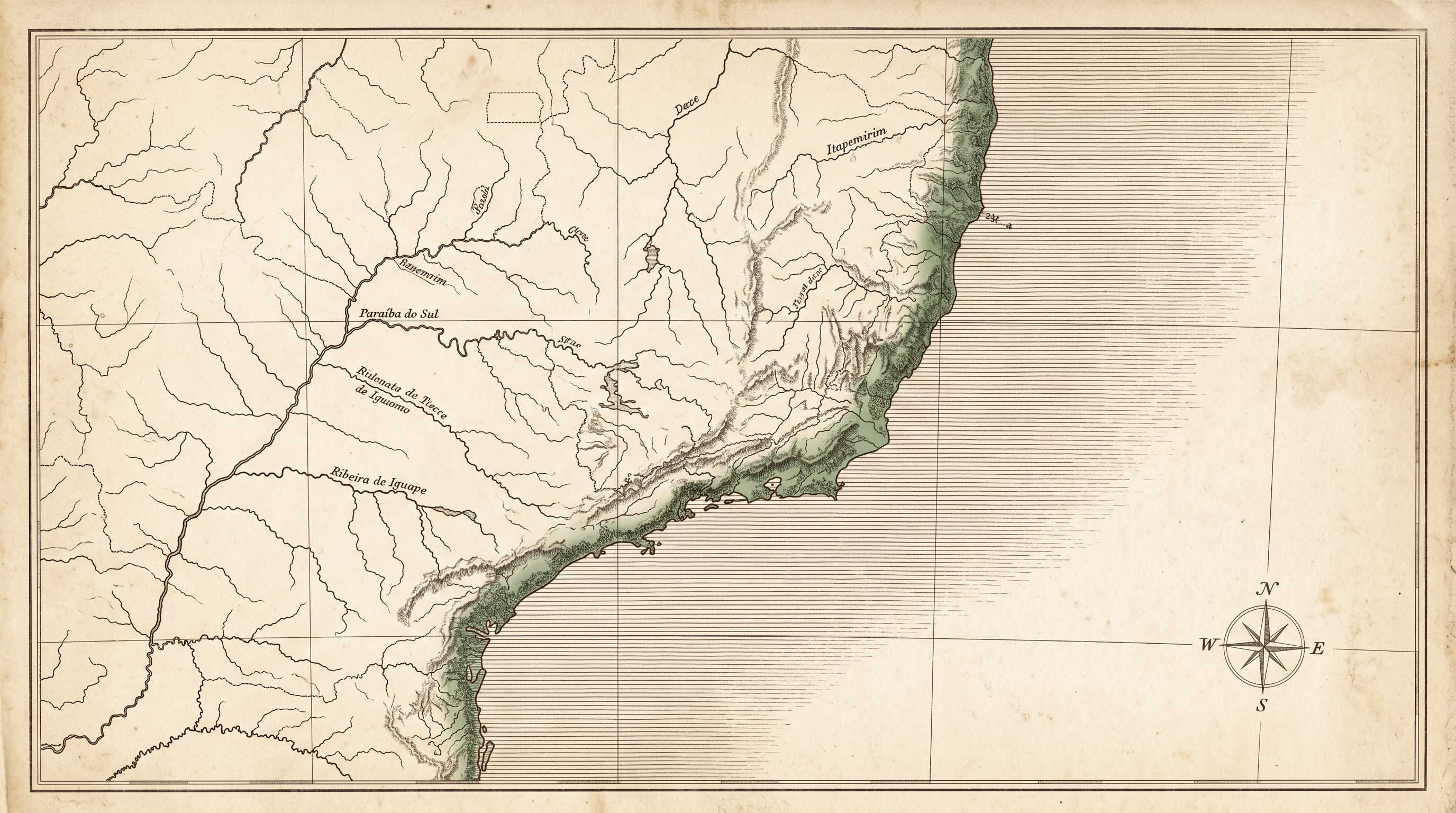 Antique-style map of southeastern Brazil with the Atlantic coastal forest around Rio de Janeiro and Espirito Santo highlighted, the native range of Begonia maculata
