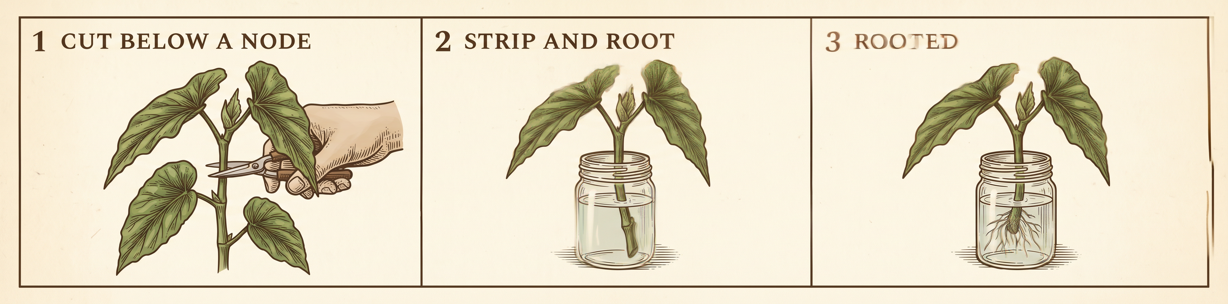 Three-panel illustration of propagating a cane begonia: a cutting taken below a node, the lower leaves stripped and the cutting standing in a jar of water, and the same cutting showing new roots