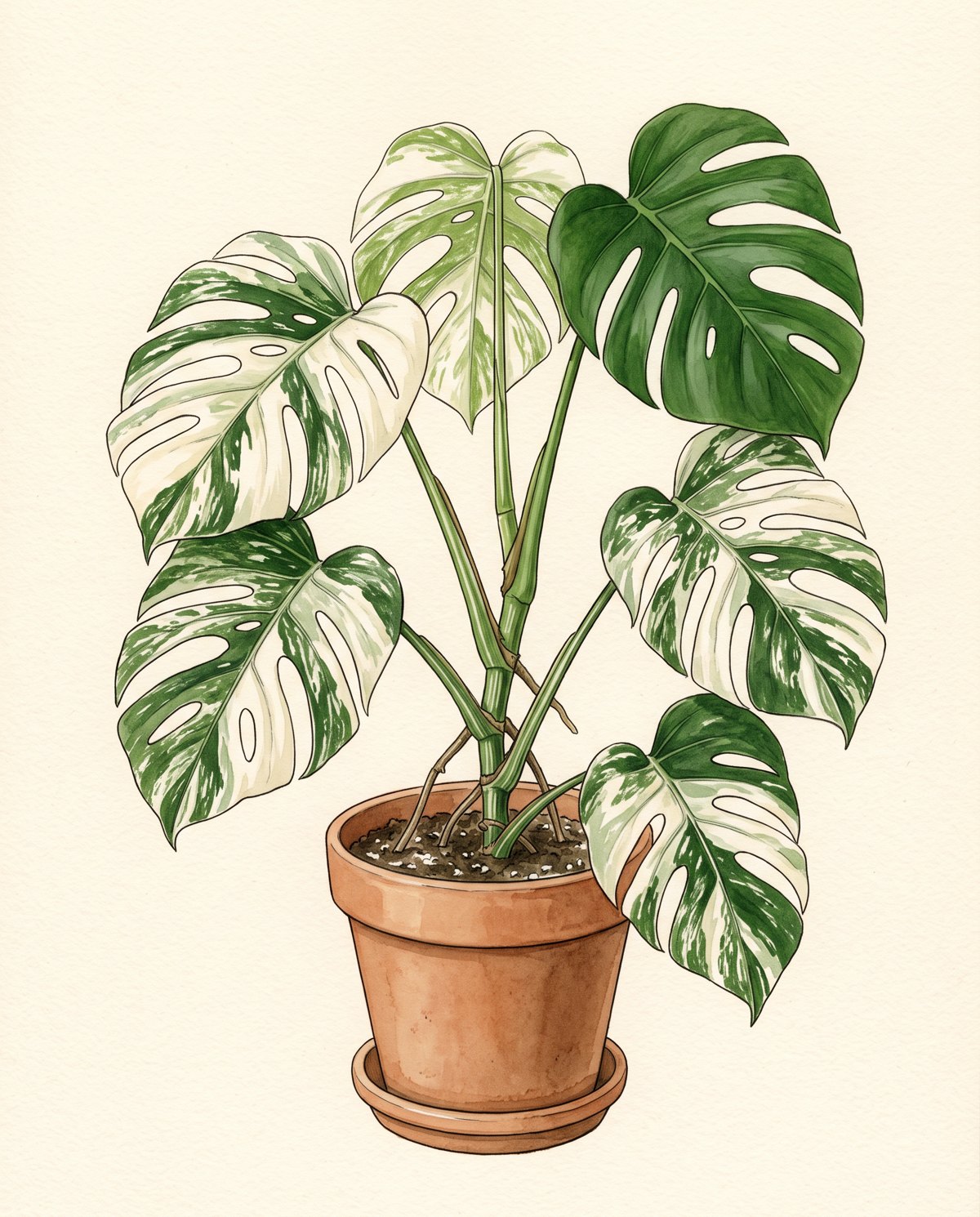 Watercolor illustration of a potted Monstera whose leaves are marbled white and green, except for one leaf at the upper right that is entirely solid green