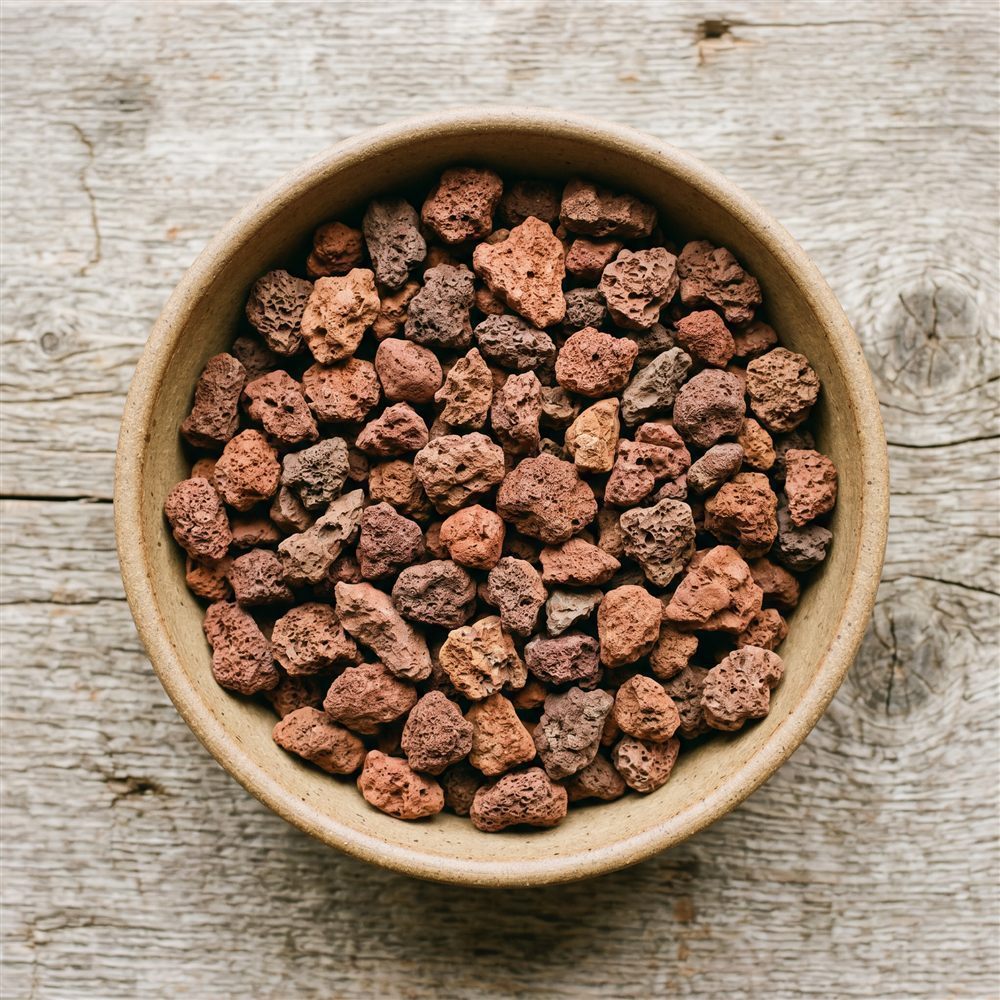 Reddish-brown lava rock chunks in a bowl on a weathered wood surface