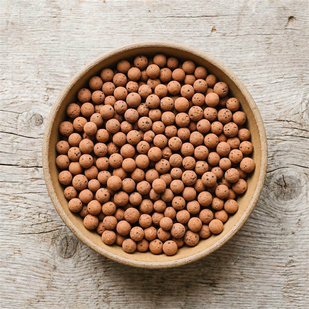 Round terracotta-brown LECA clay pebbles in a ceramic bowl on a weathered wood surface